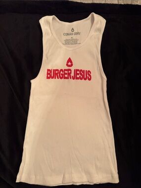 Women's Conan Gray Ribbed Tank Top with Red 'BURGER JESUS' Graphic